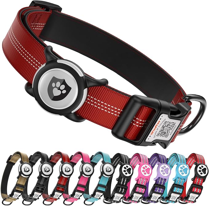 Waterproof AirTag Dog Collar with QR Code Dog Tag, Burgundy S | IP68 waterproof, QR code dog tag, Anti-Lost, Online profile, fits XS-L (8"-26"), Padded nylon, Reflective, No App, No Fees