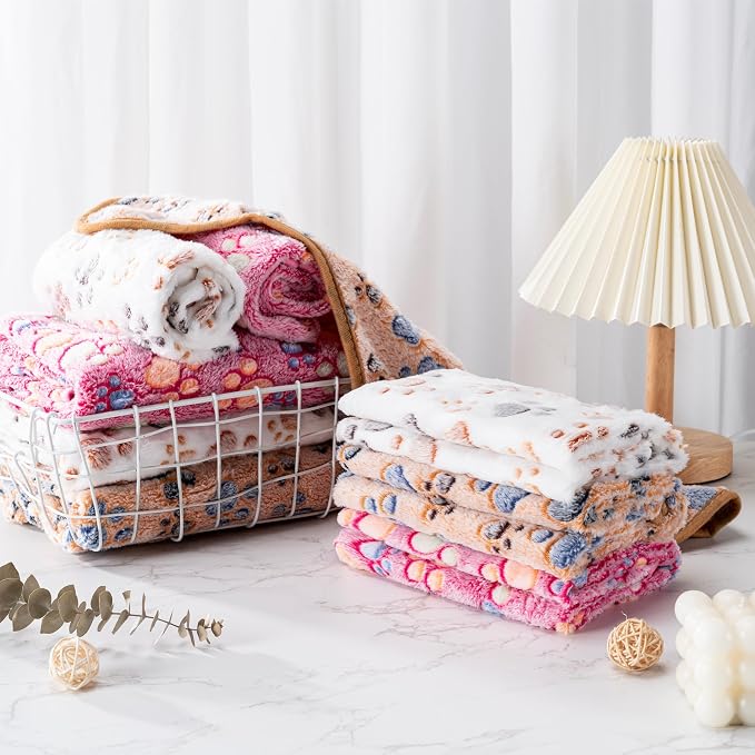1 Pack 3 Blankets for Dog Puppy Cat (Medium 30x20'', Purple, Pink, Brown) | Super Soft Fluffy Premium Fleece Pet Blanket Flannel Paw Printed Throw