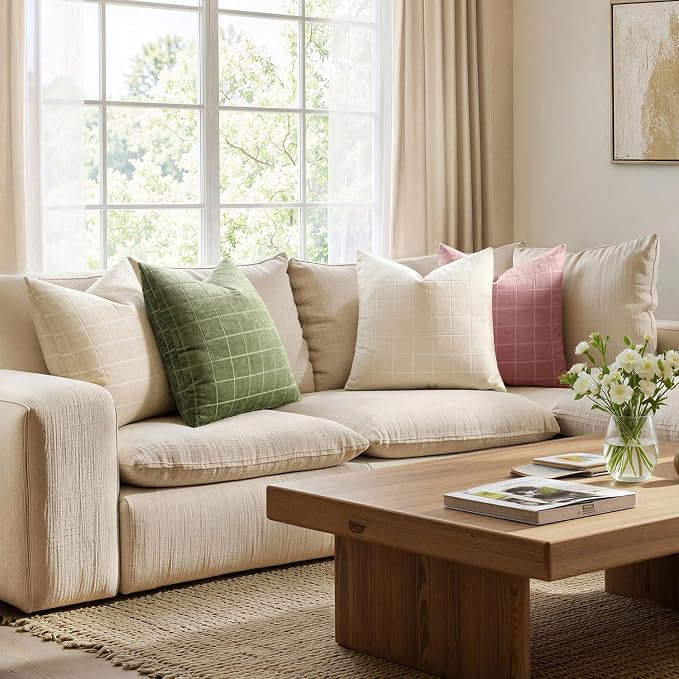 MIULEE Sage Green Plaid Decorative Throw Pillow Covers 18x18 Set of 2 | Vintage, Check Chenille Couch Pillows, Neutral Boho Farmhouse Cushion Covers, Modern Home Decor for Sofa Bed Living Room