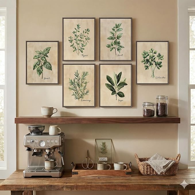 Framed Rustic Botanical Wall Art Set for Living Room, Sage Green Herb Canvas Prints Artwork for Walls, Modern Farmhouse Plant Leaf Pictures Wall Decor for Bedroom Dining Room Hallway, 12x16 Inch