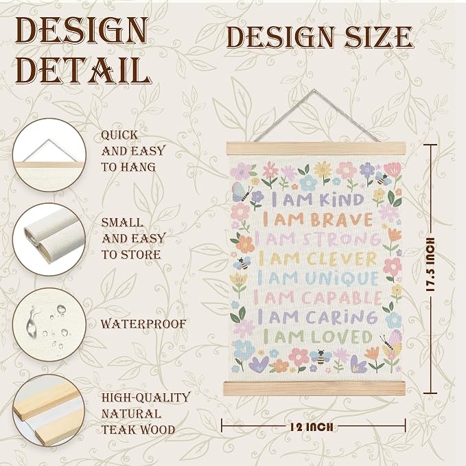 URLLUAE Girls Room Wall Decor, Nursery Colorful Flower Girly Wall Art With Wooden Poster Hanger, Pastel Floral Inspirational Canvas Prints Posters for Girls Room Nursery Playroom, 12x16 Inch Set of 2