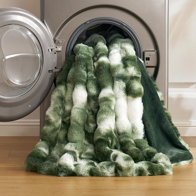 Cozy Bliss Faux Fur Throw for Couch, Fuzzy Soft Plush Thick Bubble Blanket for Sofa Bedroom Living Room, 50x60 Inches Tie-dye Olive Green