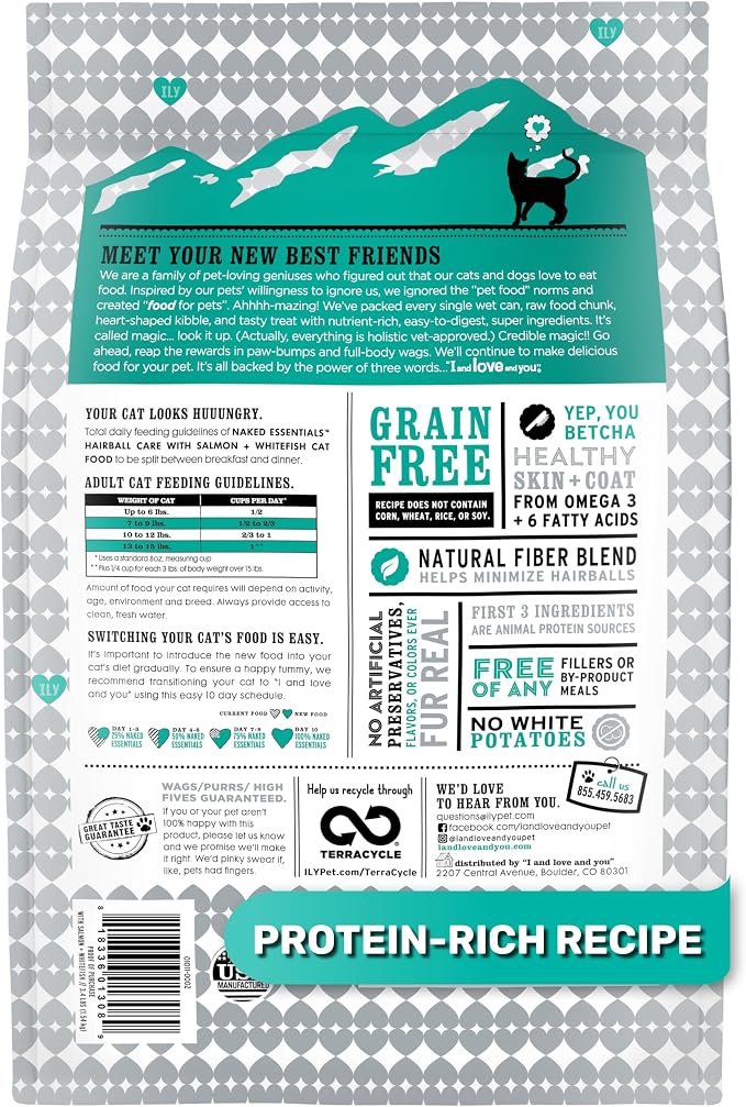 I AND LOVE AND YOU Naked Essentials Dry Cat Food - Salmon + Whitefish for Hairball Care - Grain Free, Real Meat, No Fillers, 3.4lb Bag