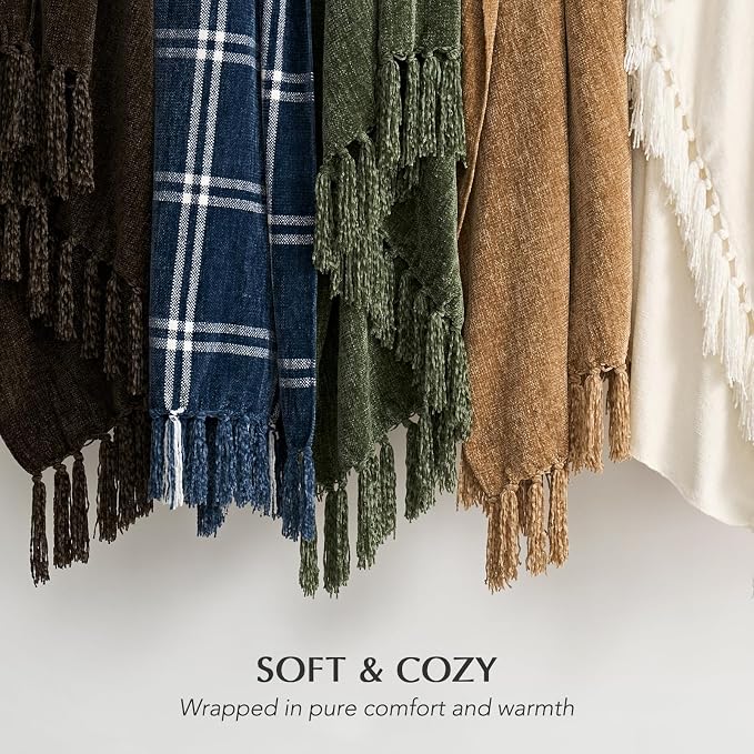 Plaid Chenille Knit Throw Blanket, 50"x60", Navy & White | Soft Knitted Throw with Tassels, Cozy, Lightweight, Windowpane Grid Plaid, Decorative Farmhouse Throw for Couch Bed Sofa Gift