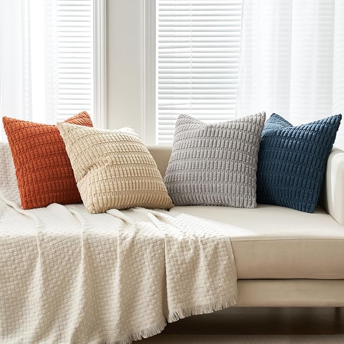 MIULEE Pack of 4 Corduroy Throw Pillow Covers 18x18 Inch Blue and Orange | Boho Farmhouse Modern Retro Soft Striped Pillow Covers,Home Decor for Sofa Living Room,Couch,Bed