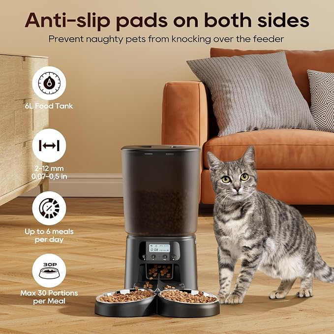 Petrice Automatic Cat Feeder for 2 Cats, 6L/25 Cups Cat Food Dispenser Programmable 30 Portions 6 Meals per Day, Timed Pet Feeder for Kitty Small Dogs with 10S Voice Record, Easy Setup, Black