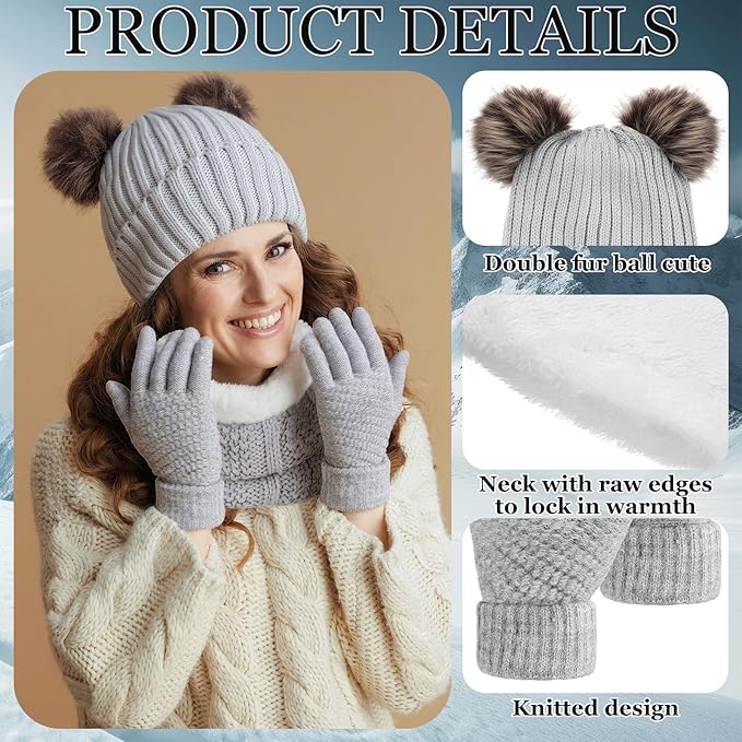 SATINIOR 5 Pcs Winter Hat Scarf Gloves Set Fleece Warm Lined Knit Beanie Hat Touch Screen Earmuff Gloves Warmer for Women(Grey,Cute Style)
