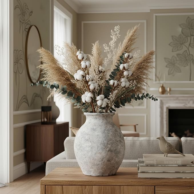 Lvases 10in XL White Ceramic Vase, Aged Stone Cement Mediterranean Vase | Rustic elegant finish with authentic limestone texture fits Tuscan farmhouse style as table decor living room home decoration