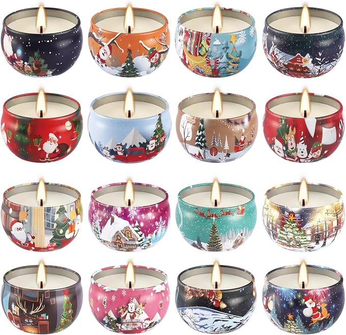 WPONSZU 16Pack Christmas Scented Candles, Gift Set 2.5oz Strong Fragrance Aromatherapy Candles,Portable Travel Tin Jar Candles Gifts for Home Scented Decoration Valentine'sDay