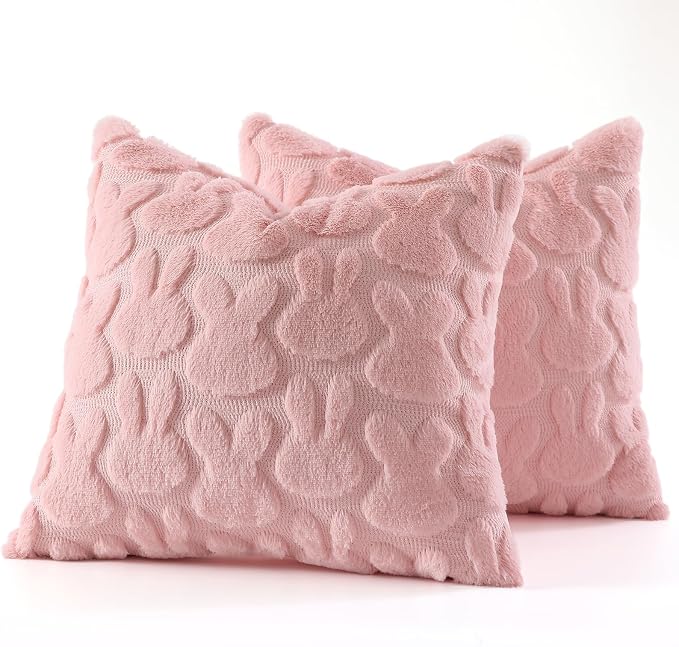 decorUhome Pink Faux Fur Bunny Throw Pillow Covers 20X20 Set of 2 | Plush Soft Wool Jacquard Pink Rabbit Cushion Covers, Modern Farmhouse Easter Holiday Decor PillowCases for Sofa Bed