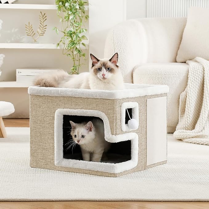 Cat Houses for Indoor Cats, Covered Cat Cave Bed with Scratch Pad and Fluffy Ball, Foldable Cat Hideaway Condo for Large Cats, Modern Kitten Bed,16.5x16.5x13 inches (Khaki‌, L)
