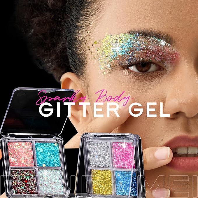 FANDAMEI Face Glitter, Body Glitter for Women, 2PCS 8 Colors Glitter Gel for Face, Hair Glitter for Kids, Fairy Rave Mermaid Makeup