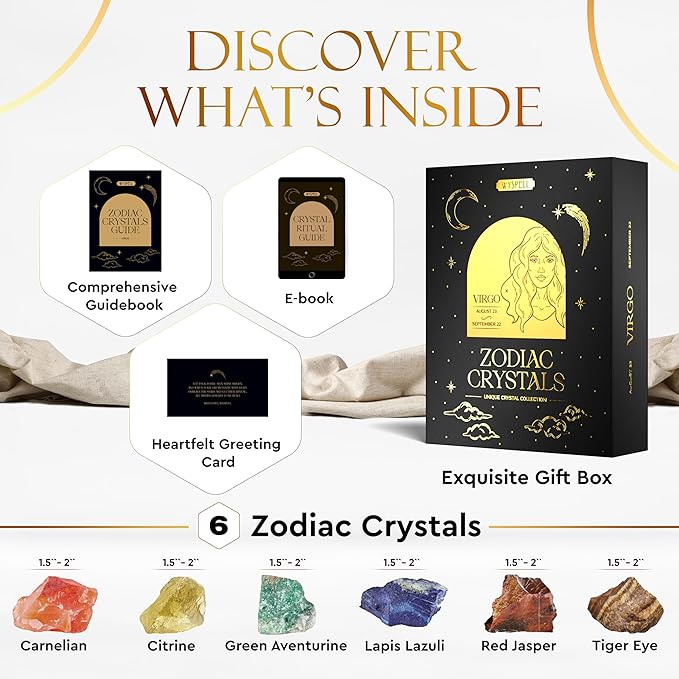 Wyspell Virgo Crystal Set - 6 Raw Virgo Crystals and Healing Stones - Zodiac Gifts for Women - Virgo Birthday Gifts for Women - Astrology Gifts for Women - Zodiac Crystal Set - Healing Gifts