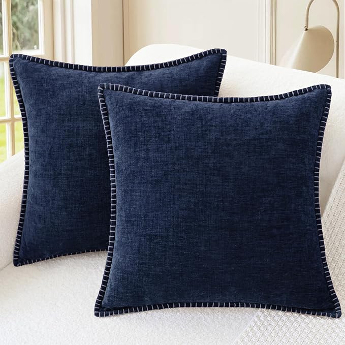 CaliTime Decorative Couch Throw Pillow Covers 24 X 24 Inches Navy Blue | Pack of 2, Cozy Chenille Cushion Cases, Cotton Thread Stitching Edges, for Sofa Bed Living Room Farmhouse