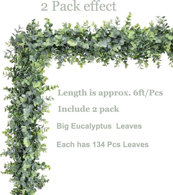 Faux Eucalyptus Garland Plant, 2 Pack Artificial Vines Hanging Eucalyptus Leaves Greenery Garland for Wedding Backdrop Arch Wall Decor, 6 Feet/pcs UV Protected Indoor Outdoor