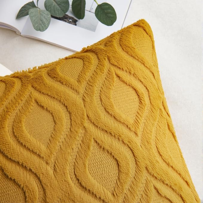 MIULEE Fall Mustard Yellow Soft Plush Faux Wool Throw Pillow Covers 16x16 | Set of 2, Farmhouse Boho Home Decor, Decorative Cushion Covers for Sofa, Living Room, Bed