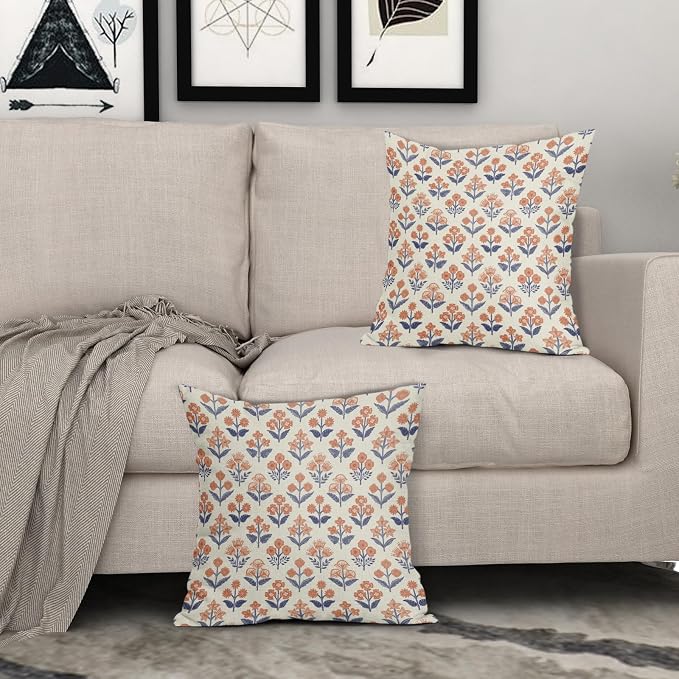 Navy Blue Orange Floral Block Print Pillow Covers 24x24 Inch Set of 2, Fall Vintage Flower Pattern Decorative Throw Pillowcases Outdoor Farmhouse Cushion Covers Seasonal Rustic Sofa Couch Bed Decor