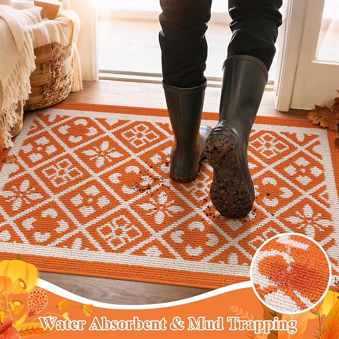 Ileading Fall Indoor Door Mat Washable Orange Muddy Mats for Dogs 3x5ft