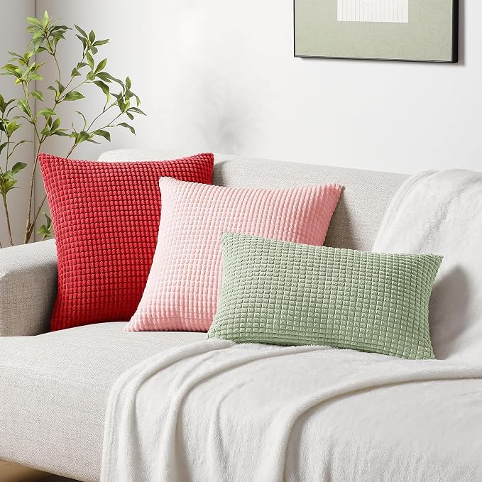 Softalker Corduroy Decorative Throw Pillow Covers 12x20, Set of 2, Red | Soft Boho Striped Pillow Cases, Couch Fluffy Cushion Covers for Farmhouse Home Decor Bed Living Room