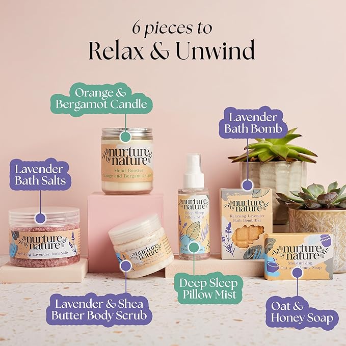 Nurture by Nature Spa Gifts for Women - Self Care Gift Set & Spa Gift Basket for Women, 6 Piece Bath Set with Candle, Bath Bomb, Salts & Pillow Spray - Relaxation Gifts, Mothers Day Gifts for Mom