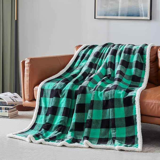 Sherpa Green and Black Buffalo Plaid Christmas Twin Blanket 60" X 70", Fuzzy Fluffy Soft Cozy Blanket, Fleece Flannel Plush Microfiber Blanket for Couch Bed Sofa (Green and Black)