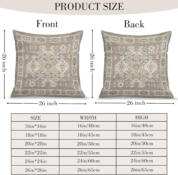 Boho Floral Throw Pillow Covers 26x26 inch Set of 2,Boho Rug Geometric Floral Pattern Decor Double Sided Pattern Cushion Cover Soft Pillow Case Living Sofa Room Bed Square Pillow Cover