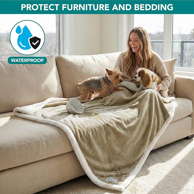 PetAmi Waterproof Dog Blanket for Large Dog Cat Pet, 60x80, Taupe | 460 GSM Sherpa Fleece Reversible, Pee Proof, Furniture Protector Cover for Couch Sofa Bed Kennel, Washable, Extra Large