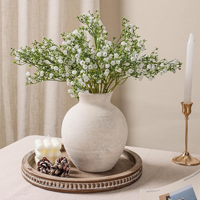 Ceramic Flower Vase Home Decor, 7.4 in Farmhouse Table Vases Rustic Vintage Living Room Kitchen Bedroom Decoration Pottery Decorative Vases for Flowers House Shelf Office Desk Dining Entryway, White