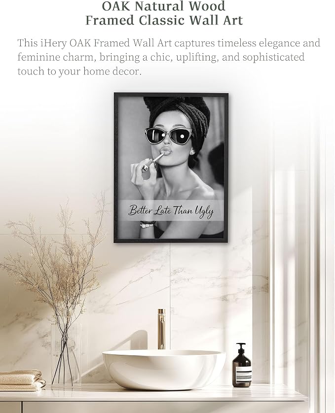 iHery 8x10in Audrey Hepburn Better Late Than Ugly Framed Bathroom Art | Black OAK Wood Frame with Canvas Print, Vintage Makeup Decor for Bathroom, Bedroom, Vanity Room and Living Room, 1Pack