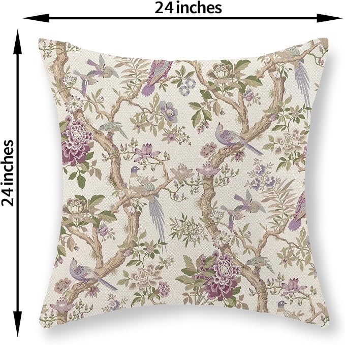 Chinoiserie Pillow Covers 24x24 Set of 2 Purple Green Floral Bird Throw Pillows Vintage Flowers Bird Decorative Pillow Cases Outdoor Chinoiserie Decor Farmhouse Cushion Case for Couch Sofa