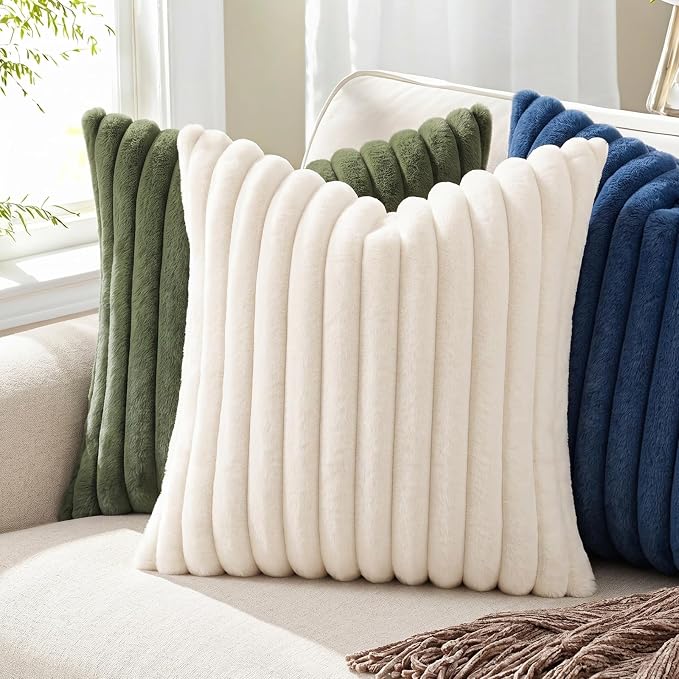 Pallene Faux Fur Decorative Throw Pillow Covers 18x18 Set of 2, Blue Grey | Luxury Plush Texture, Striped Design, Cozy Soft Touch, Modern Home Accent Decor for Couch, Sofa, Bed, Living Room