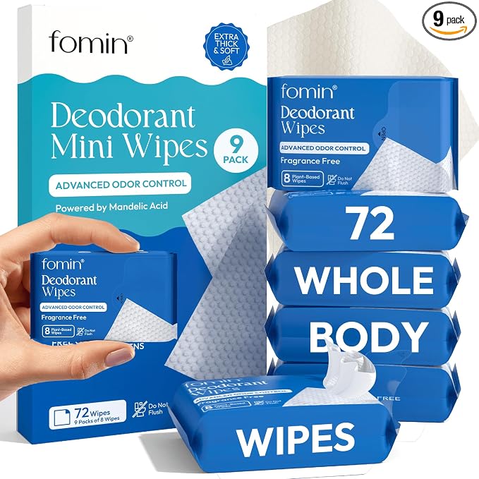 FOMIN Acidified Travel Deodorant Mini Wipes For Women & Men- Fragrance Free - 72 Count - pH Balanced, Biodegradeable Mini Deodorant Travel Size Wipes - Plastic-Free, Underarm Body Wipes