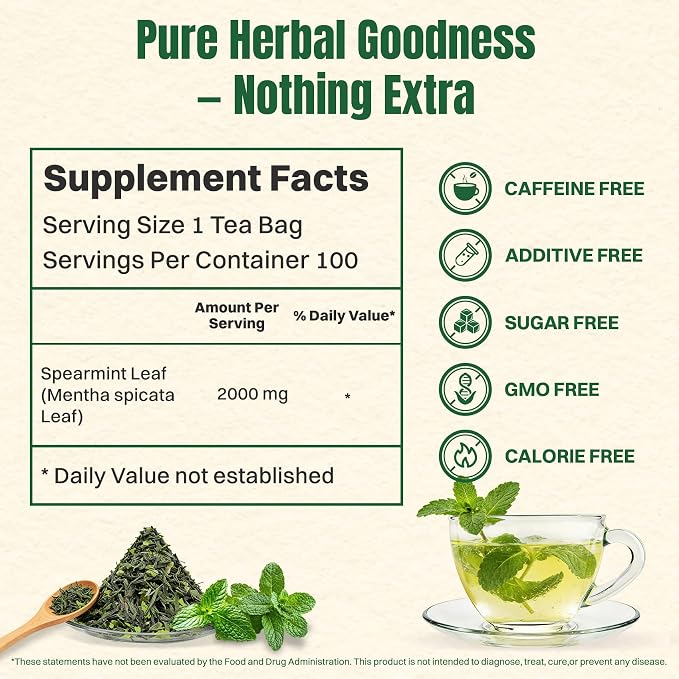 Hiihone Spearmint Tea Bags 100 Count – Pure Spearmint Leaf Herbal Tea, Caffeine-Free, Refreshing Mint Flavor, Supports Digestion & Everyday Wellness, Non-GMO