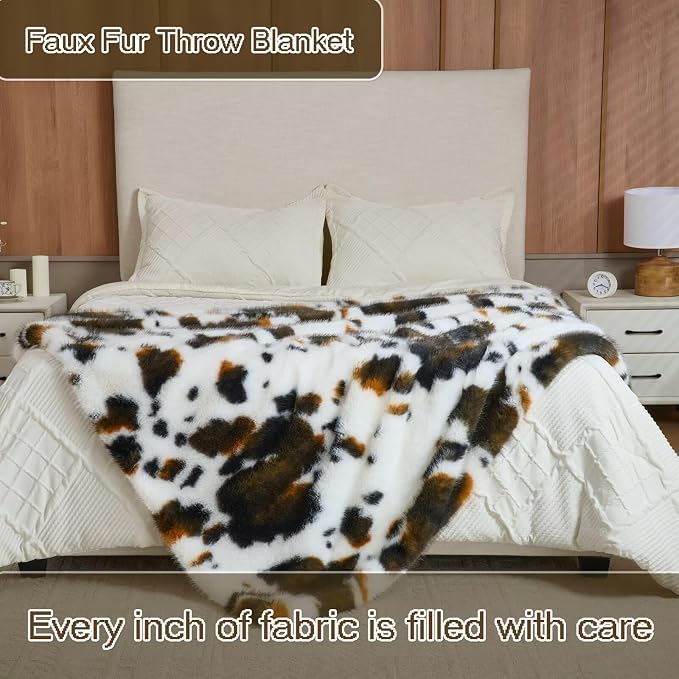 Luxury Fluffy Faux Fur Throw Blanket,Thick Fluffy Silky Fuzzy Cozy Blanket,Plush Blankets for Couch, Sofa, Chair, Bed-Cow Print-Brown 50 * 60inch