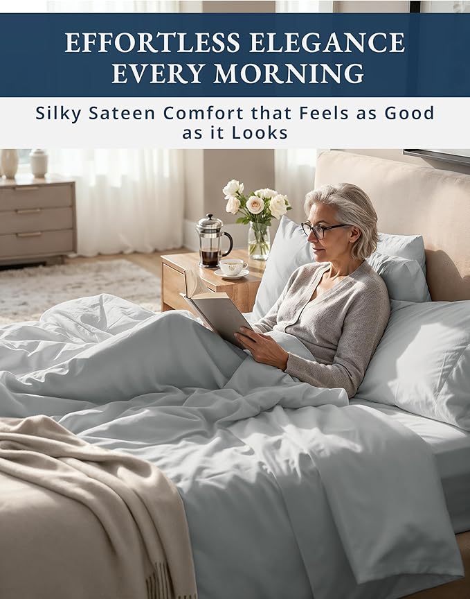 100% Egyptian Cotton Sheets King Size - 1000 Thread Count Naturally Cooling & Breathable Sateen King Size Sheets Set, Ultra-Soft & Durable Hotel Luxury Sheets with 15" Snug Fit Deep Pockets - Silver