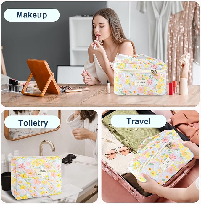GISMTR 3Pcs Makeup Bag Cotton Quilted Travel Cosmetic Bag Cute Floral Makeup Pouch Large Toiletry Bag for Women Girls