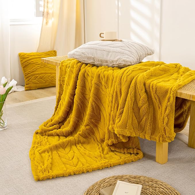 YUSOKI Sherpa Fleece Large Throw Blanket, Mustard Yellow, 50"x65" | 3D Stylish Design,320GSM, Non-Shedding, Lightweight for All Season Use, stays fluffy after repeated washes, Perfect Gifts