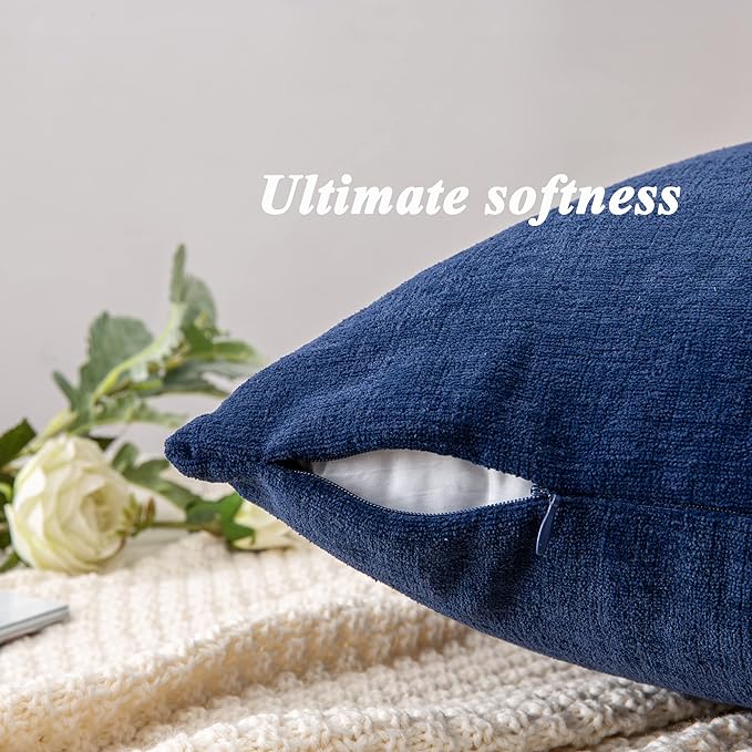 GAWAMAY Decorative Chenille Throw Pillow Covers 24x24 Inch Pack of 2, Soft Square Couch Pillow Cover for Sofa Cushion Living Room Bedroom Solid Dyed Pillowcases Navy Blue 60x60cm (ONLY Covers)