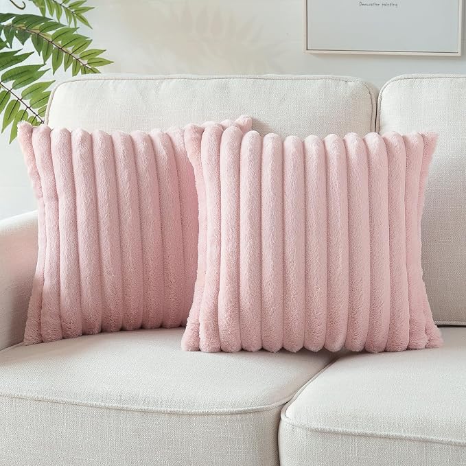 Soleebee Set of 2 Throw Pillow Covers Soft Cozy Velvet Pillowcase Faux Rabbit Fur Cover for Couch Sofa Bed Chair Home Decorative Pillows Cover (24x24 Inch, Blush Pink)