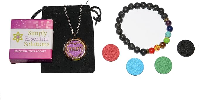 Aromatherapy Essential Oil Diffuser Stainless Steel 30MM Silver Magnetic Locket Pendant with Chain Necklace and Colored Refill Pads & Diffuser Bracelet All in a Velvet Bag (heartvalentine)