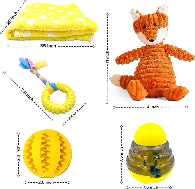 Puppy Starter Kit – 5pc Dog Toy Gift Set for Small Dogs – New Puppy Essentials Gift Box with Blanket, Squeaky Plush, Teething Ring, Treat Ball & Chew Ball (Yellow)