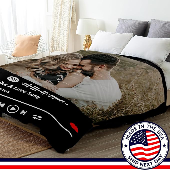 Ship Next Day, Custom Blanket with Picture Customized Photo Blankets Customize Spotify Blanket, Personalized Christmas Funny Gifts for Couple, Girlfriend, Boyfriend, Mom, Dad, Wife, Husband