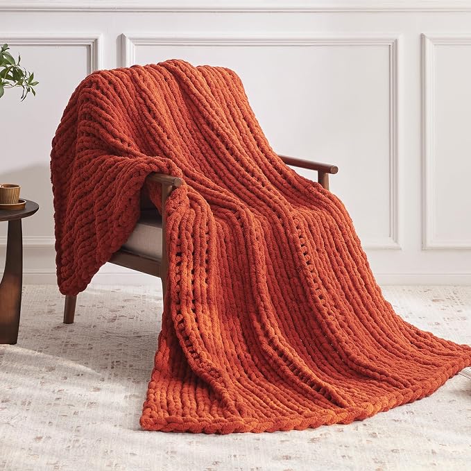 Negwoo Chunky Knit Throw Blanket, Knitted Throw Chenille Yarn, 60"*80" | Soft Thick Cable Knitted Blankets, Handmade Big Thick Blanket, Machine Washable Cute Comfy Blanket for Home Decor, Orange