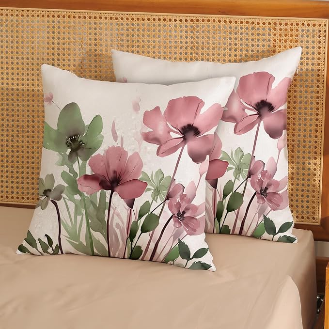 Spring Floral Pillow Covers 16x16 Inches Set of 2 Sage Green Pink Floral Throw Pillow Covers Outdoor Rustic Summer Flower Decoration Pillowcase Farmhouse Decorative Cushion Cover For Home Sofa