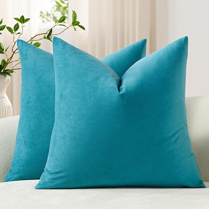 Throw Pillow Covers 16x16 Turquoise: Pack of 2 Cozy Soft Velvet Square Modern Luxury Decorative Throw Pillow Cases for Sofa Couch Living Room Bed Home Decor