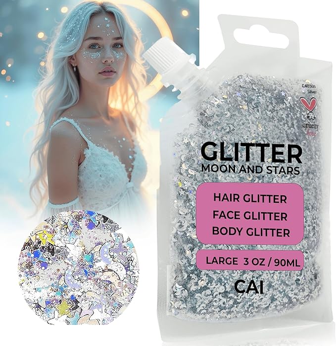 Face, Body & Hair Glitter Gel – Halloween Glitter for Kids and Women – 3 Oz Cosmetic-Grade Gel w/Moon & Stars for Festivals & Halloween Party, Easy Apply & Wash Off - Unicorn 5Pack