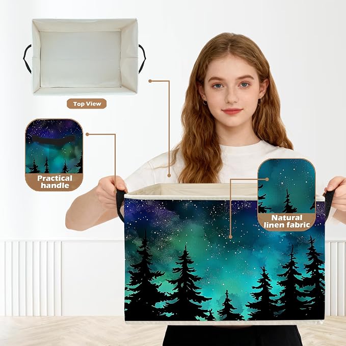 Starry Night Forest Storage Box Bins, Galaxy Star Sky Pine Tree Woods Collapsible Storage Basket Organizer for Bedroom Bathroom Home Clothes Books, Decor for Room