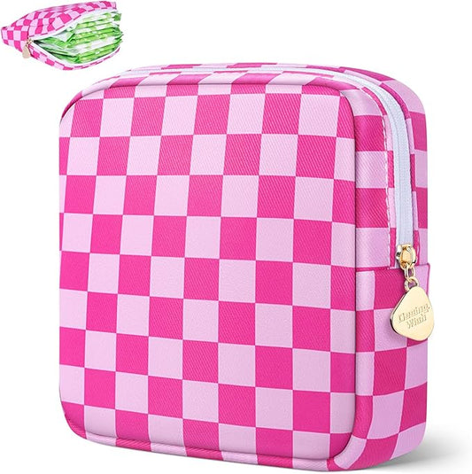 Period Bag Pouch Soft Cloth Sanitary Napkin Storage Bag Portable Menstrual Pad Pouches Tampon Holder for Purse First Period Kit for Girls 9-12 (Rose-Pink Check)