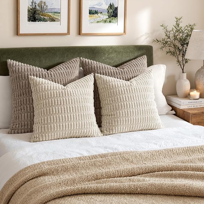MIULEE Corduroy Decorative Throw Pillow Covers 20x20 Cream White Pack of 2 | Soft Boho Striped Pillow Covers Modern Farmhouse Home Decor For Sofa Living Room Couch Bed