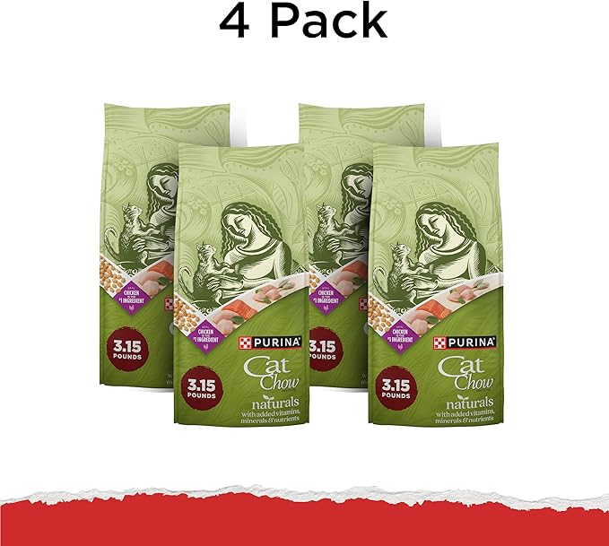 Purina Cat Chow Naturals with Added Vitamins, Minerals and Nutrients Dry Cat Food, Naturals Original - (Pack of 4) 3.15 lb. Bags | Indoor cat food with real chicken and salmon plus whole grains, natural nutrition with added vitamins, minerals and nutri...